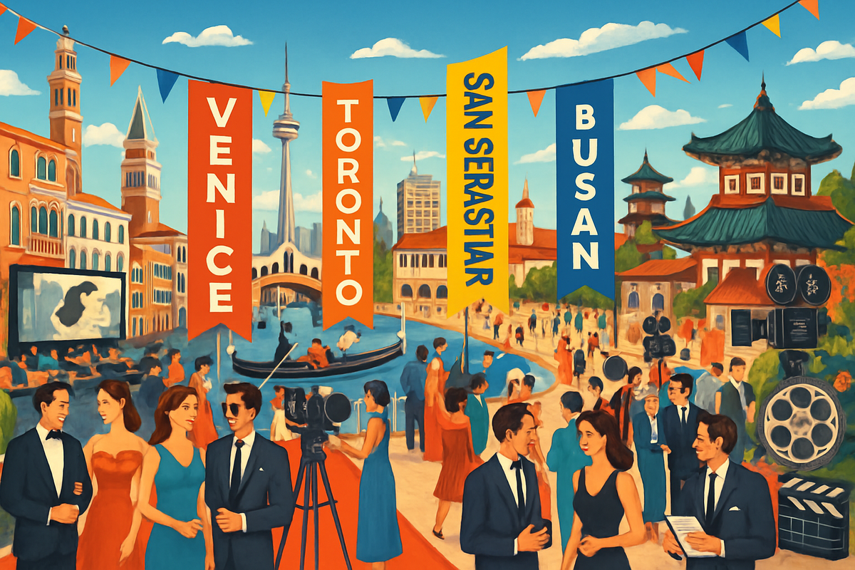 The image depicts a colorful festival scene featuring iconic landmarks from Venice, Toronto, San Sebastián, and Busan, with elegantly dressed people engaging in conversation.