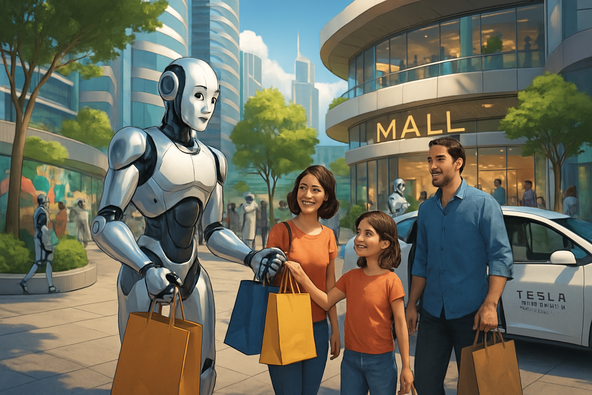 A humanoid robot interacts with a smiling family outside a modern mall, holding shopping bags.