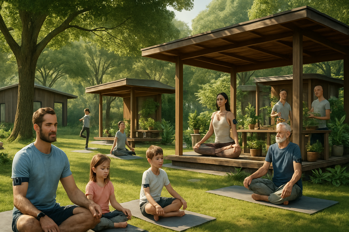 The image depicts a serene outdoor scene where individuals of various ages practice meditation and yoga in a lush green environment.