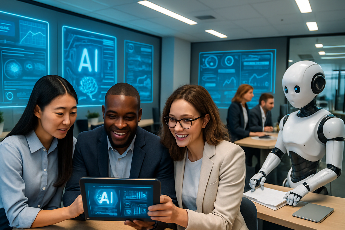 A diverse group of professionals is engaging with technology in a modern office, showcasing collaborative efforts with an AI robot nearby.