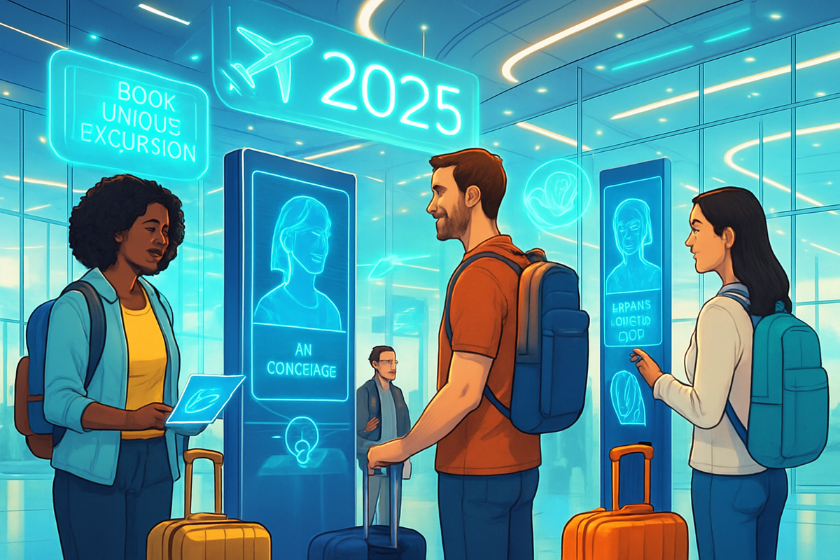 The image depicts travelers in a futuristic airport setting with digital screens advertising unique excursions and concierge services for the year 2025.