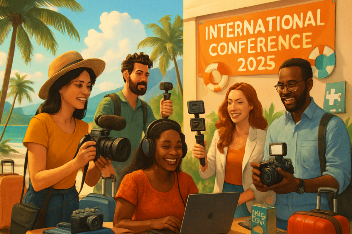 A group of diverse individuals is joyfully preparing for the International Conference 2025 while engaged with cameras and a laptop against a tropical backdrop.