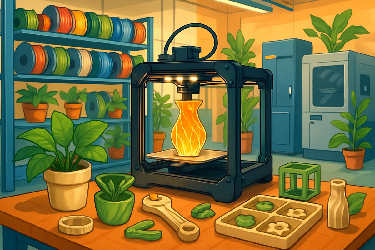 The image depicts a vibrant 3D printing workspace featuring a 3D printer with a glowing vase, shelves of colorful filament spools, and various plants and tools on a wooden table.