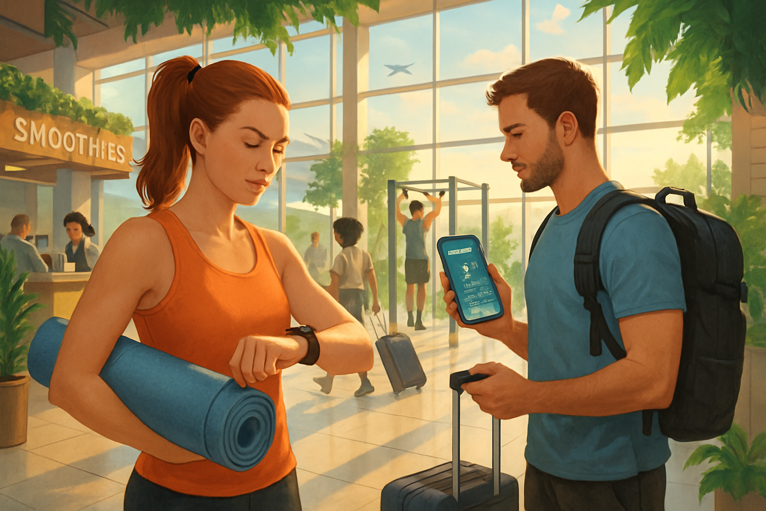 The image depicts a woman in workout clothes checking her watch while a man with a backpack looks at his phone in a bright, modern airport setting.