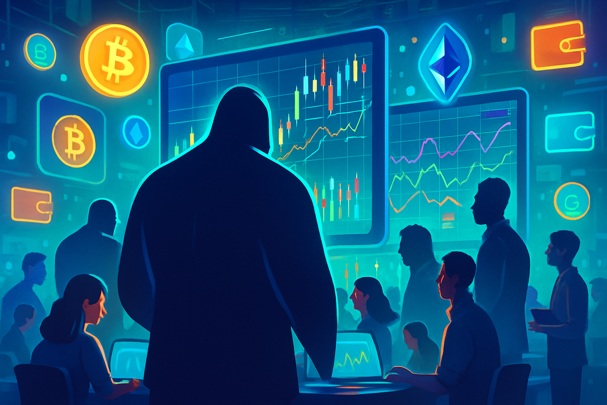 The image depicts a stylized view of people in a trading environment focused on cryptocurrency markets, surrounded by colorful digital displays of graphs and currency symbols.