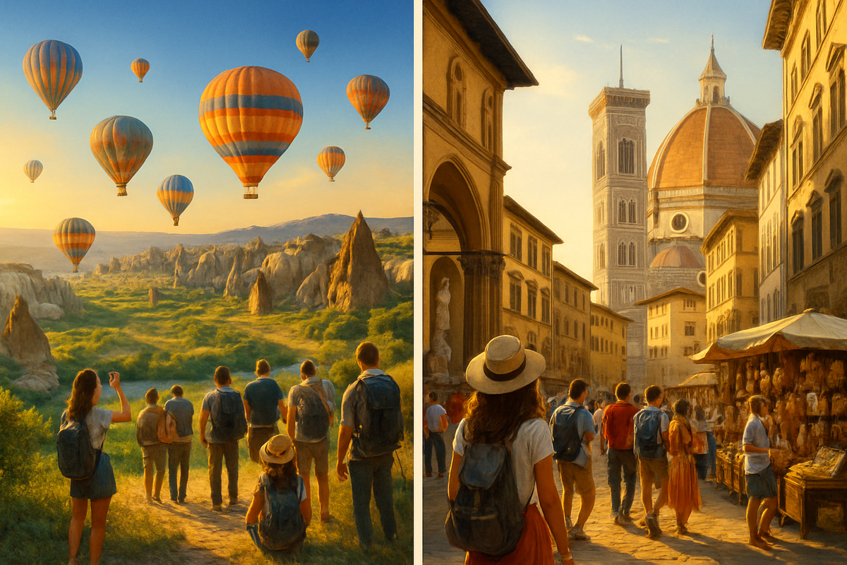 The image features a split scene with colorful hot air balloons in a scenic landscape on the left and people walking through a charming street with historical architecture on the right.