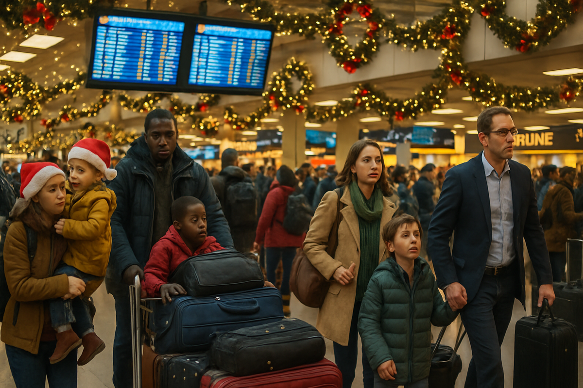 The image shows a family in an airport during the holiday season, with a festive atmosphere and people in the background.