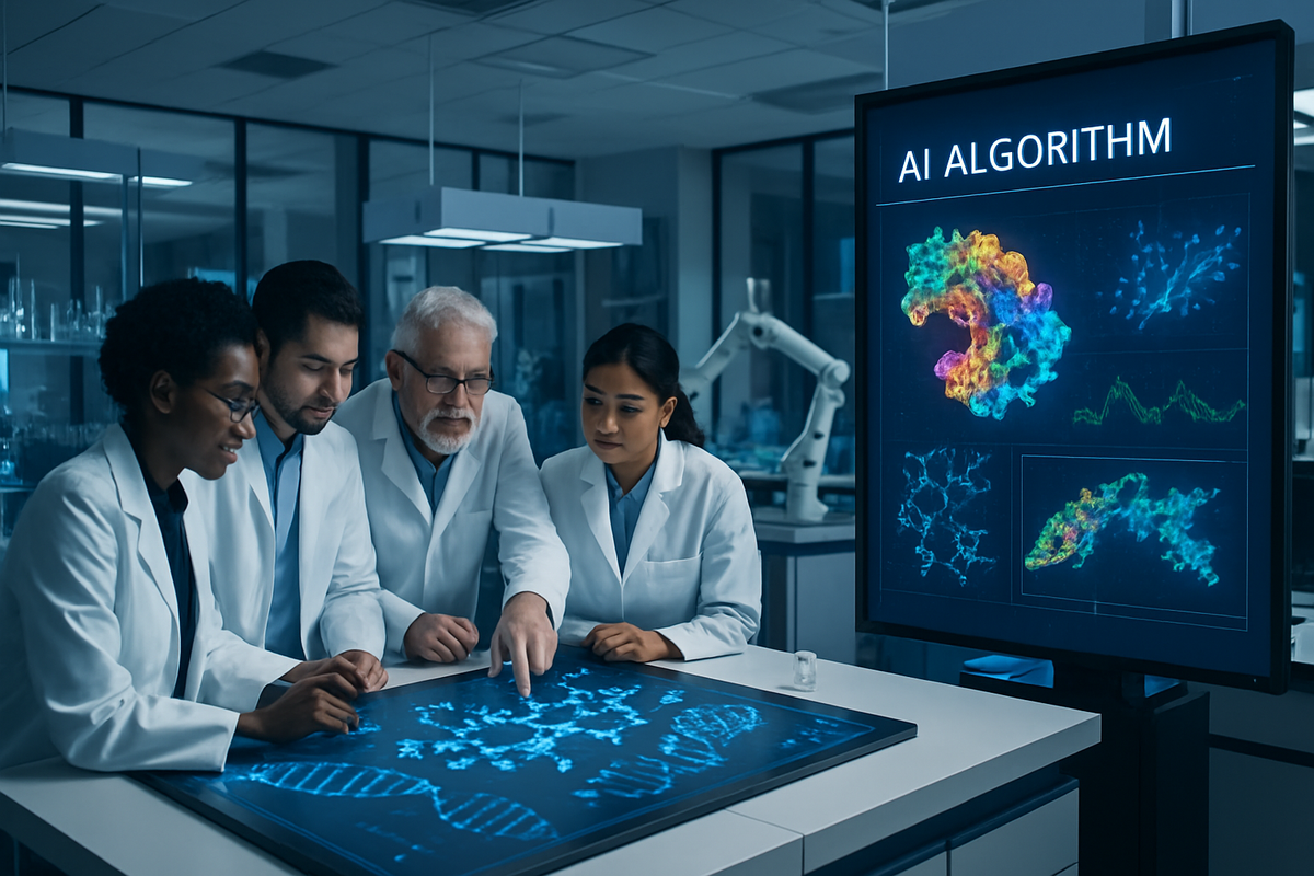 A group of scientists in lab coats is analyzing data displayed on a digital screen and a touchscreen table in a modern laboratory setting.