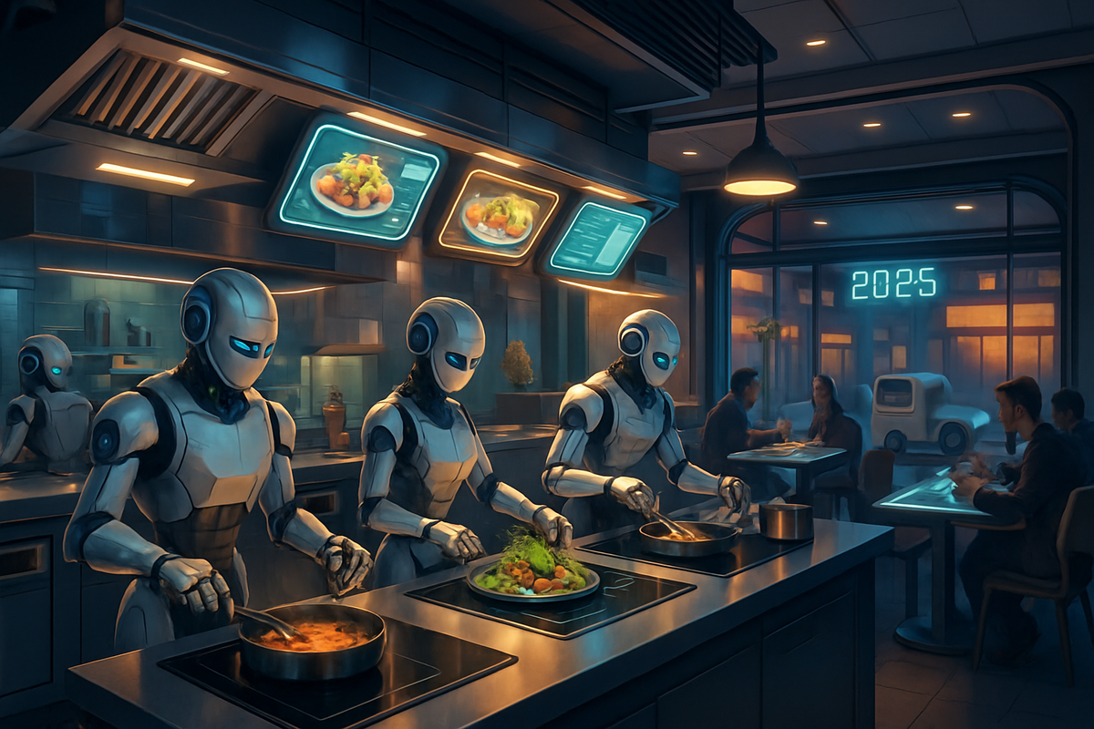 The image depicts futuristic robots cooking in a modern kitchen while patrons dine in a stylish restaurant.