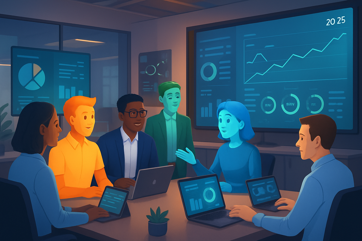 A group of diverse professionals is engaged in a collaborative meeting, surrounded by digital displays showing data and graphs in a modern office setting.