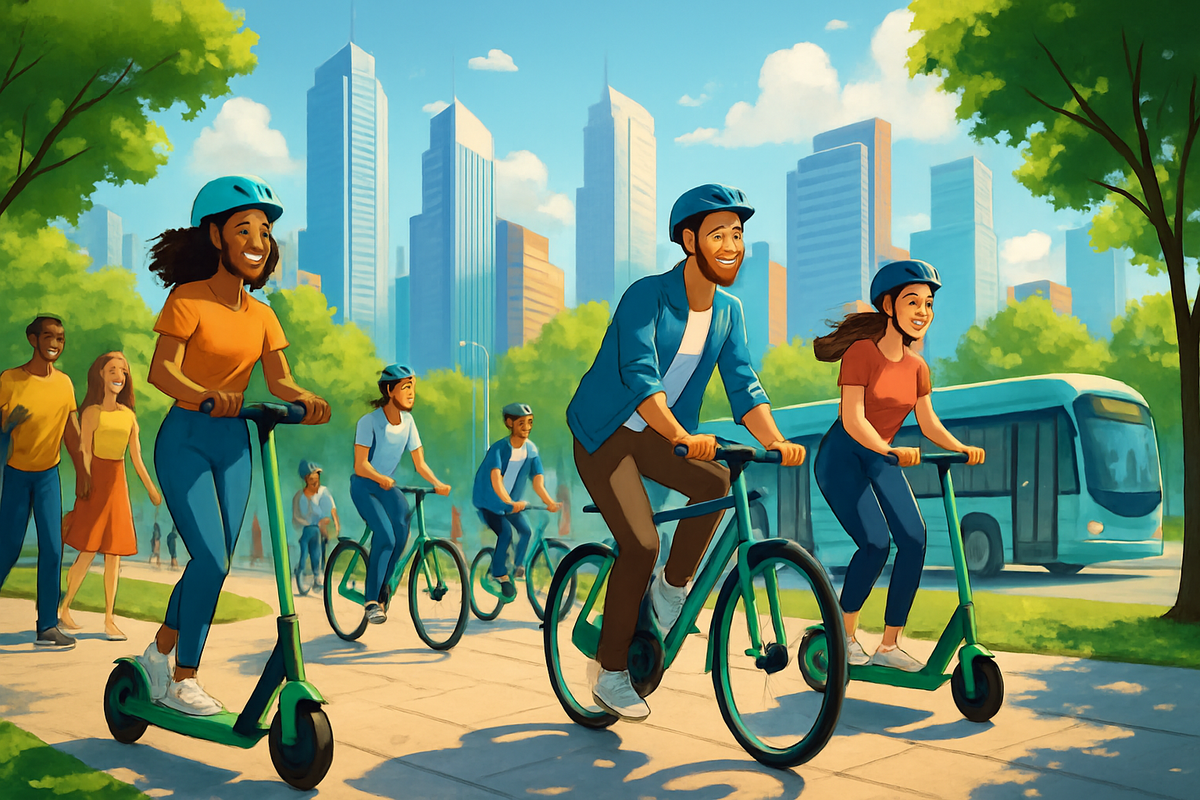 A vibrant urban scene depicting diverse individuals joyfully riding scooters and bikes along a tree-lined path with a city skyline in the background.