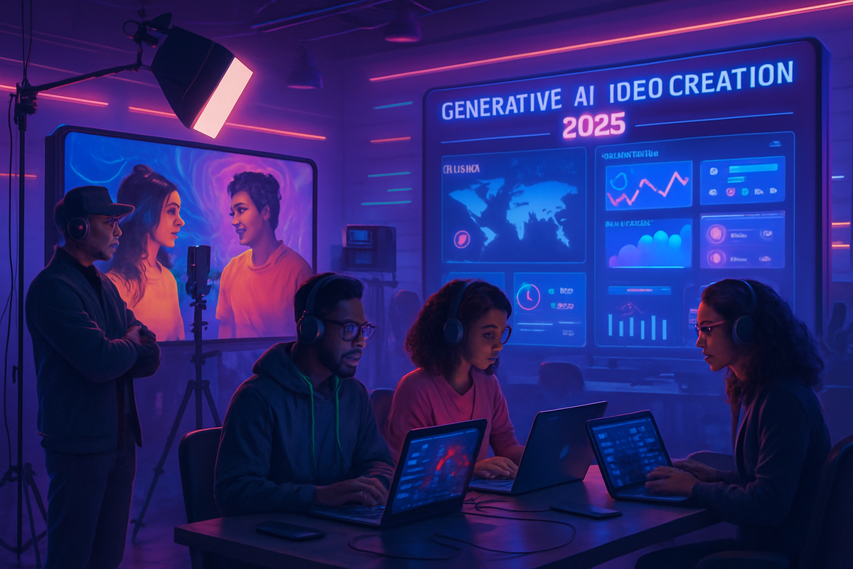 The image depicts a futuristic workspace where a diverse group of people is engaged in generative AI video creation, surrounded by screens displaying digital content and data.