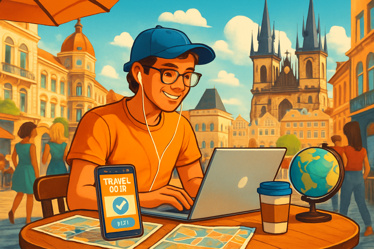 A young man in a cap and glasses smiles while working on a laptop at an outdoor café with a cityscape in the background, featuring a globe and a smartphone on the table.
