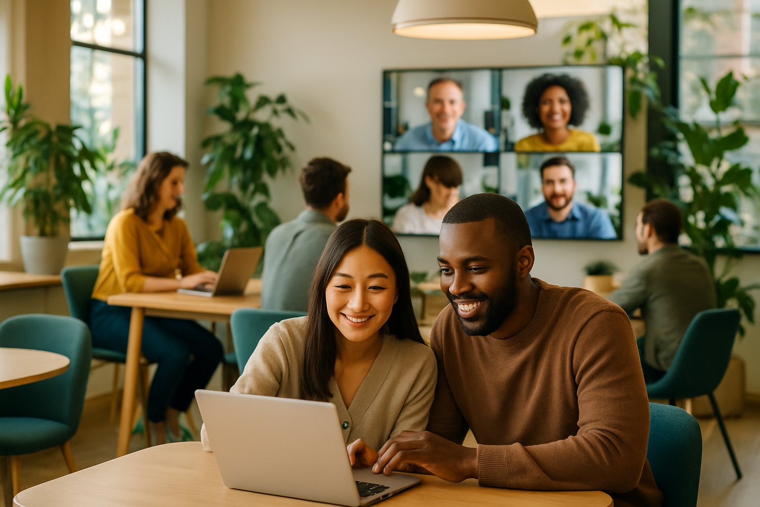 A man and woman are happily working together on a laptop in a modern workspace with greenery and several people attending a video call in the background.