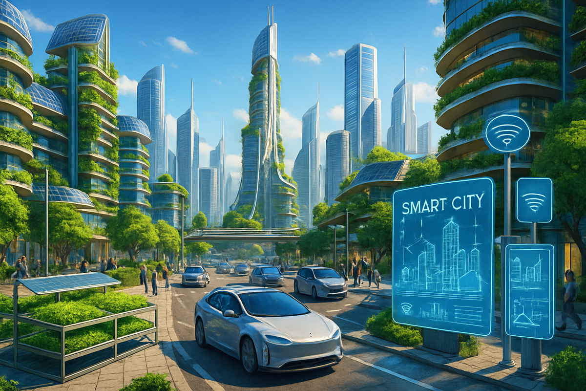 The image depicts a futuristic smart city with green architecture, solar panels, and autonomous vehicles amidst a bustling urban environment.