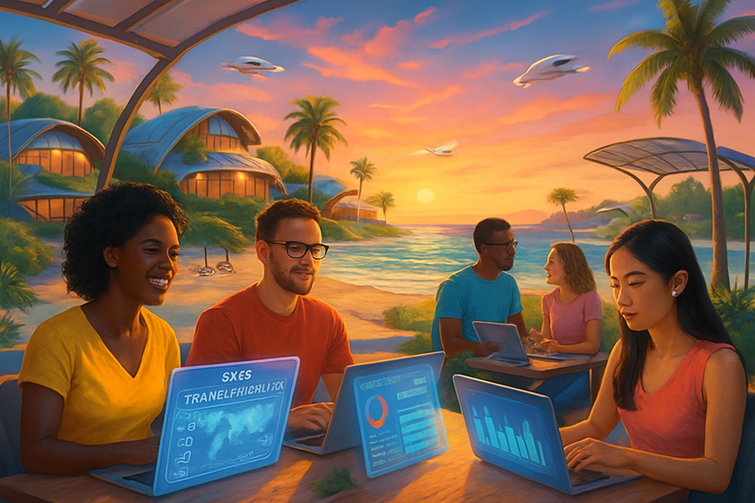 The image shows a group of four people working on laptops in a tropical setting during sunset, with modern architecture in the background and futuristic elements like flying vehicles.