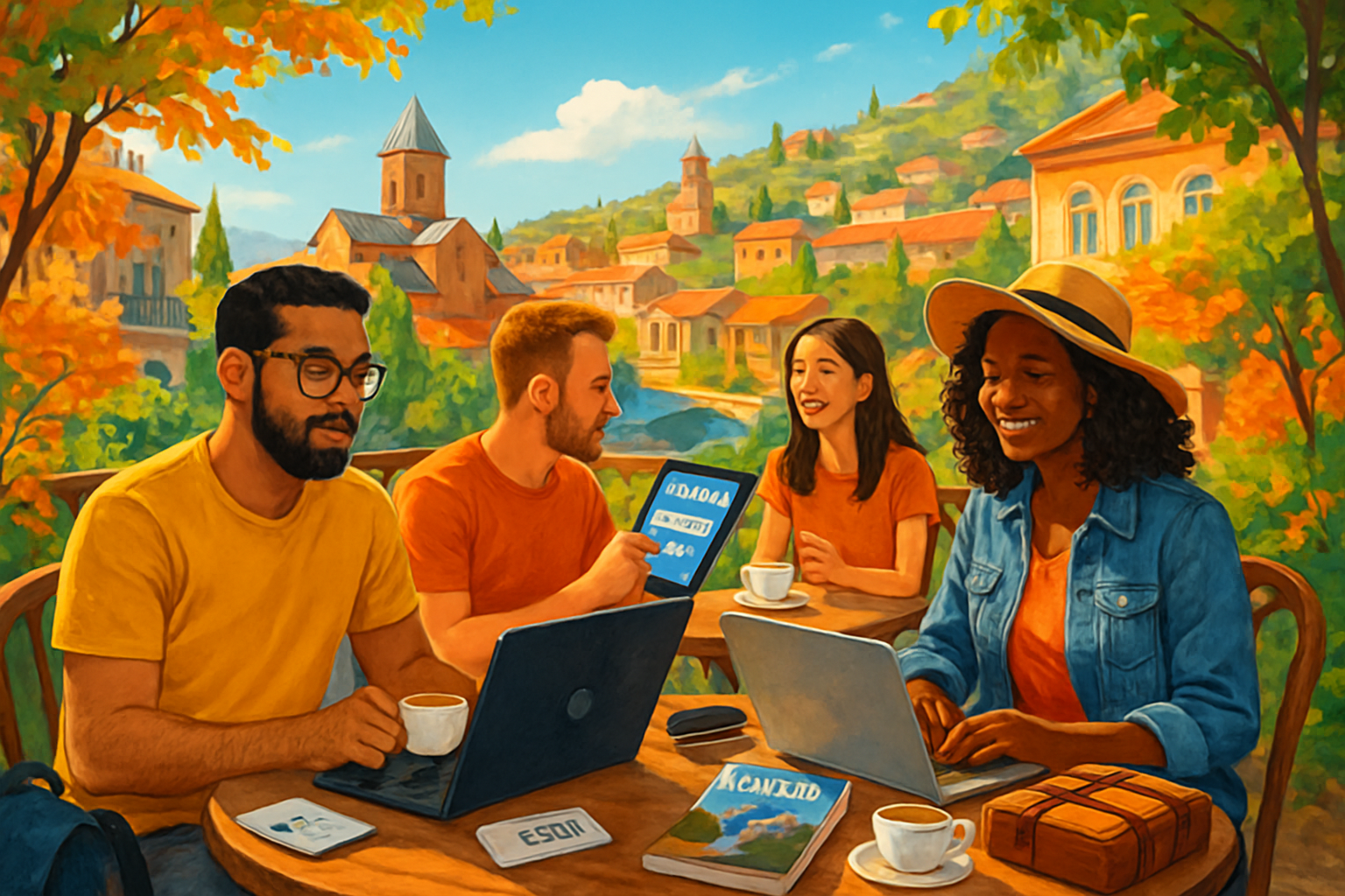 A group of four young adults, dressed casually, are seated at a café table with laptops and drinks, surrounded by a picturesque landscape in warm autumn colors.