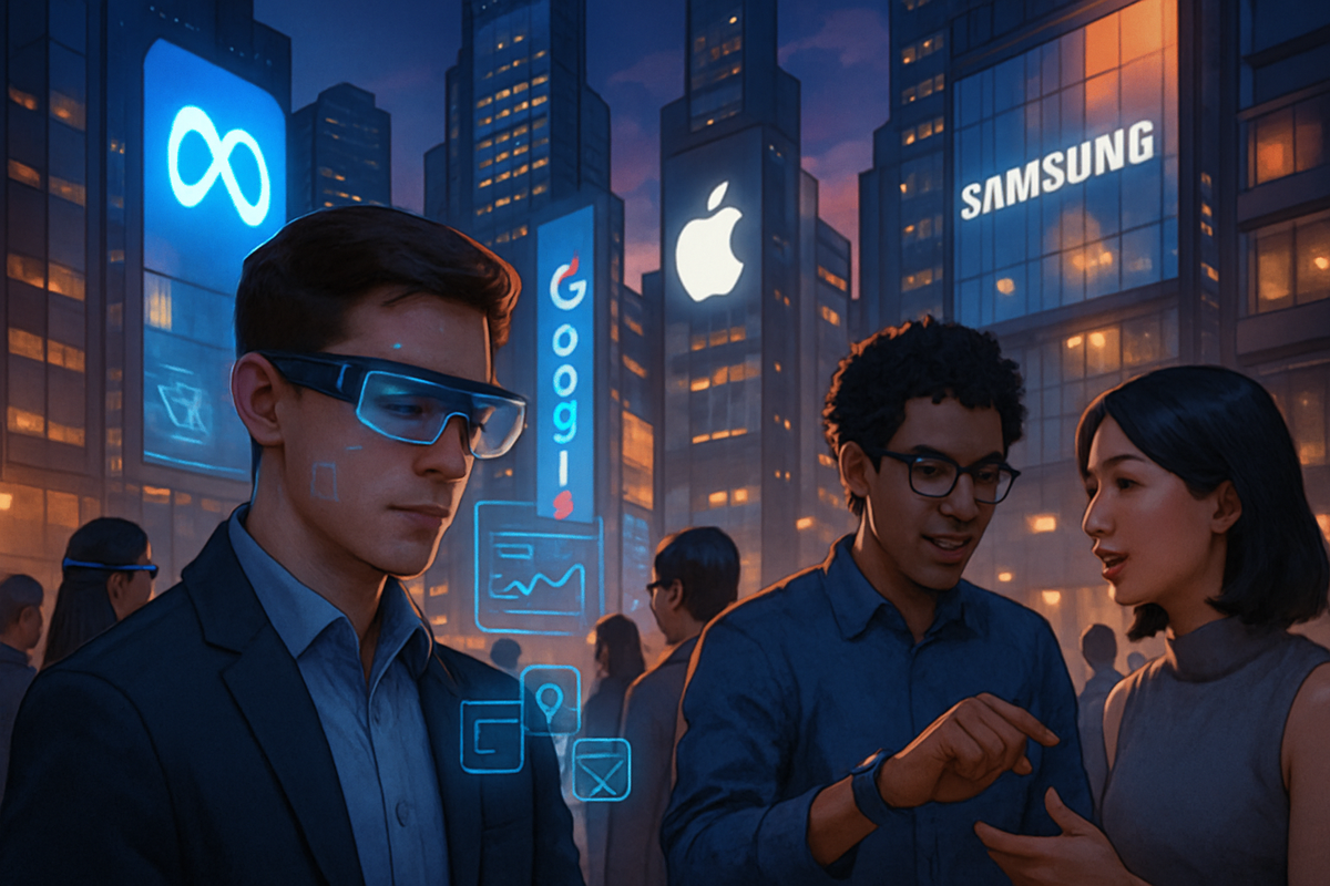 A group of people in a cityscape, featuring advertising for major tech brands, with one person wearing smart glasses and engaging with others.