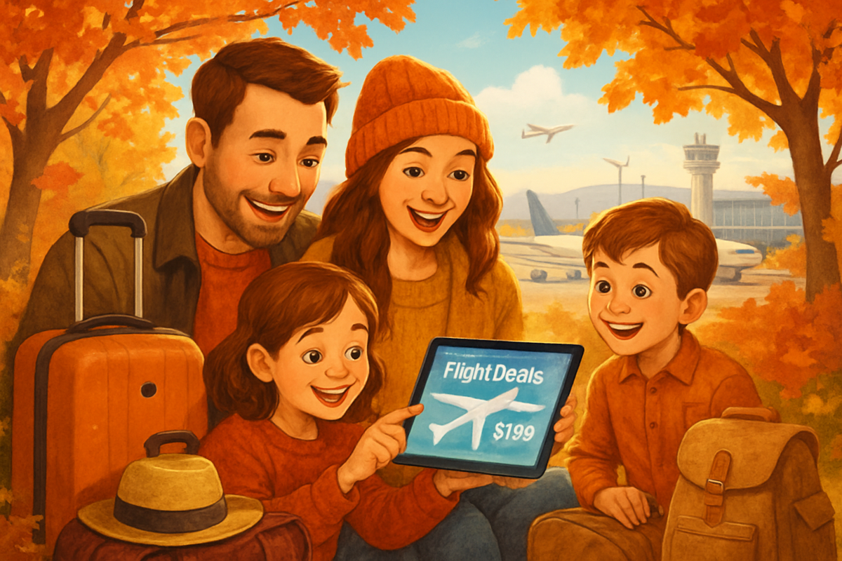 A family joyfully examines flight deals on a tablet amidst an autumn backdrop near an airport.