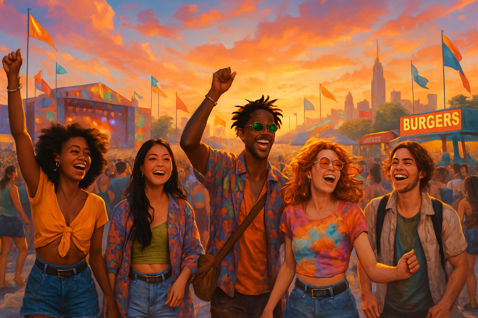 A diverse group of five friends joyfully celebrate at a vibrant outdoor festival during sunset.