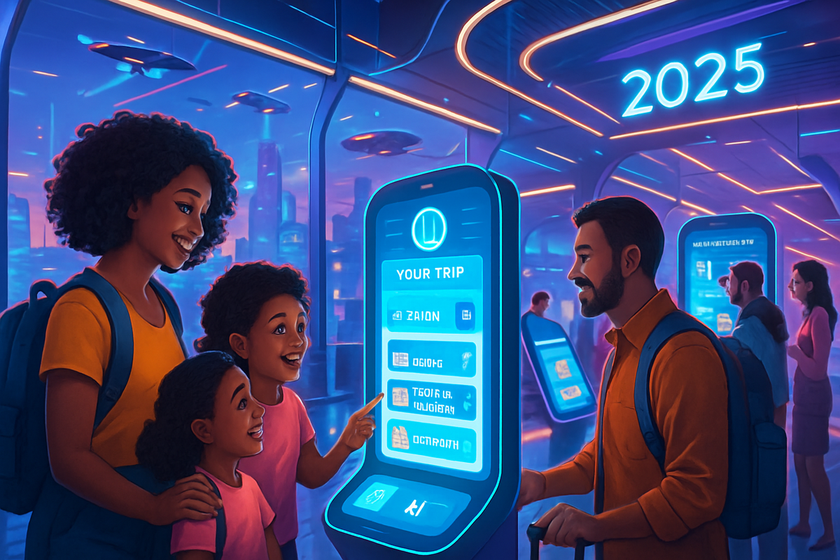 The image depicts a futuristic travel hub where a family interacts with a digital trip display while a traveler looks on in a vibrant, illuminated setting.