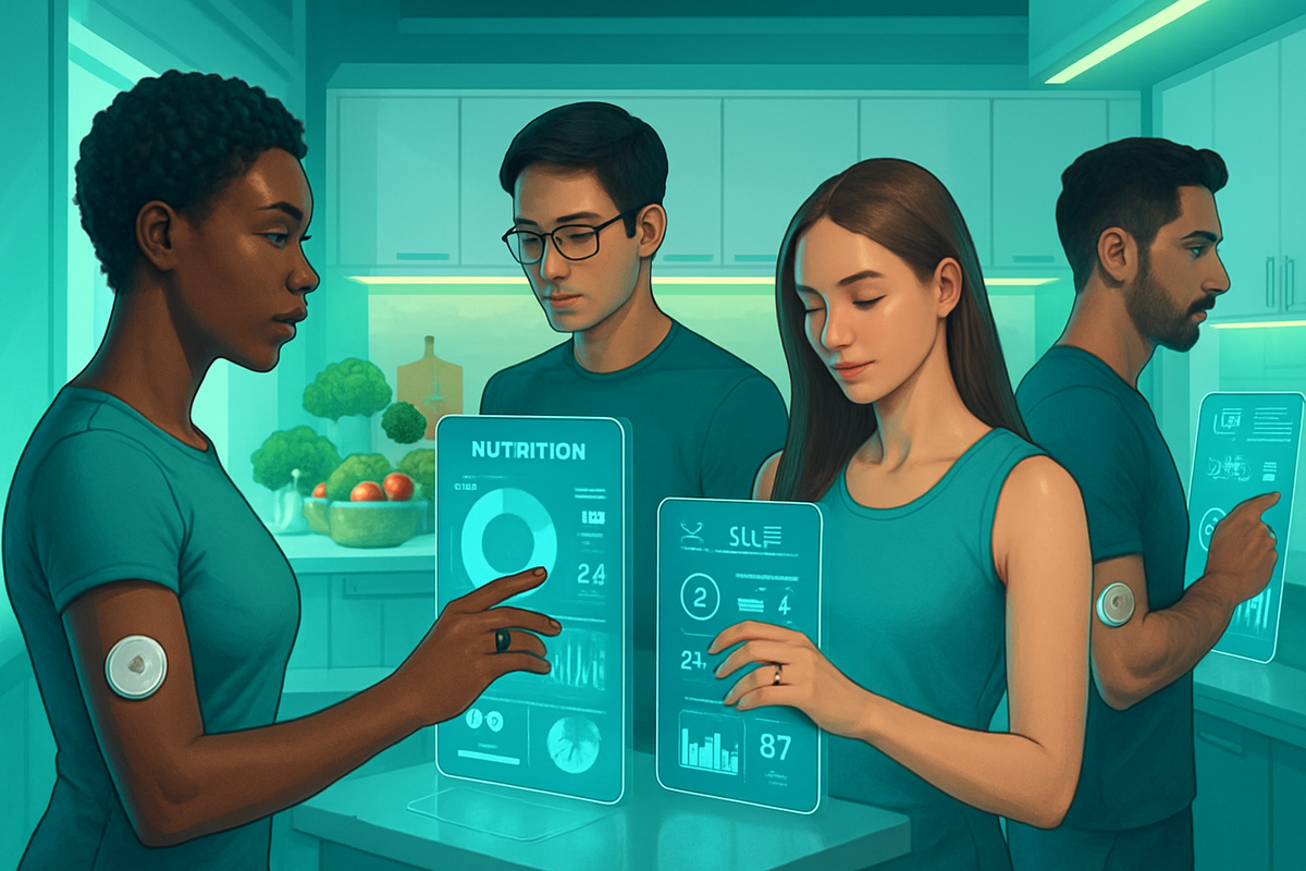The image shows four individuals in a kitchen interacting with futuristic transparent screens displaying nutritional data while wearing matching blue outfits.