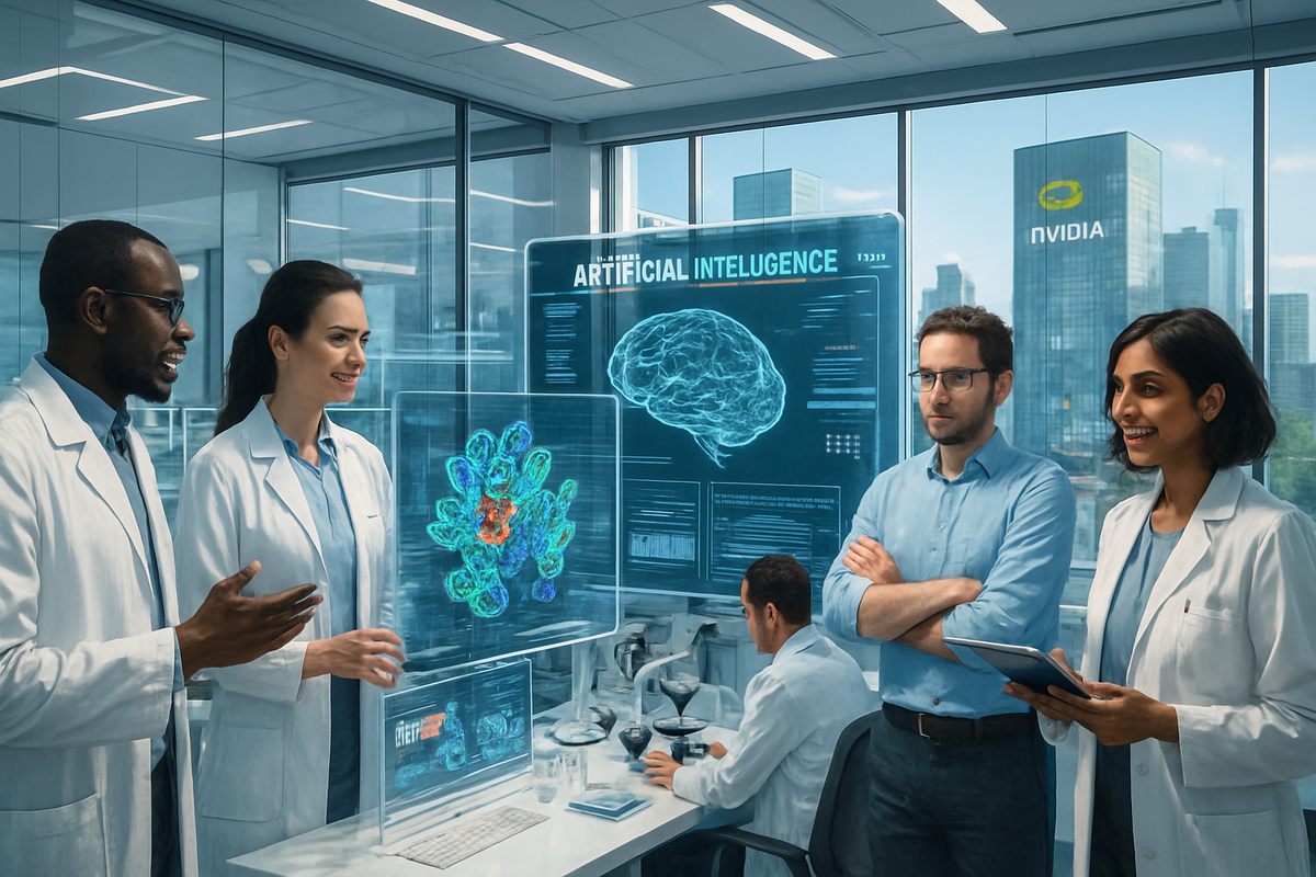 The image depicts a group of scientists in lab coats discussing advanced research, with holographic displays of a brain and molecular structures in a modern lab environment.