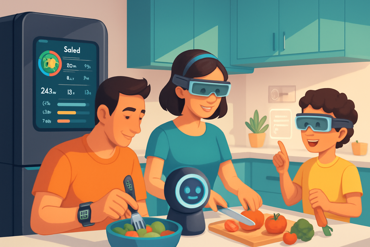 A family is cooking in a modern kitchen while wearing virtual reality headsets, using a friendly robot assistant and preparing fresh vegetables.