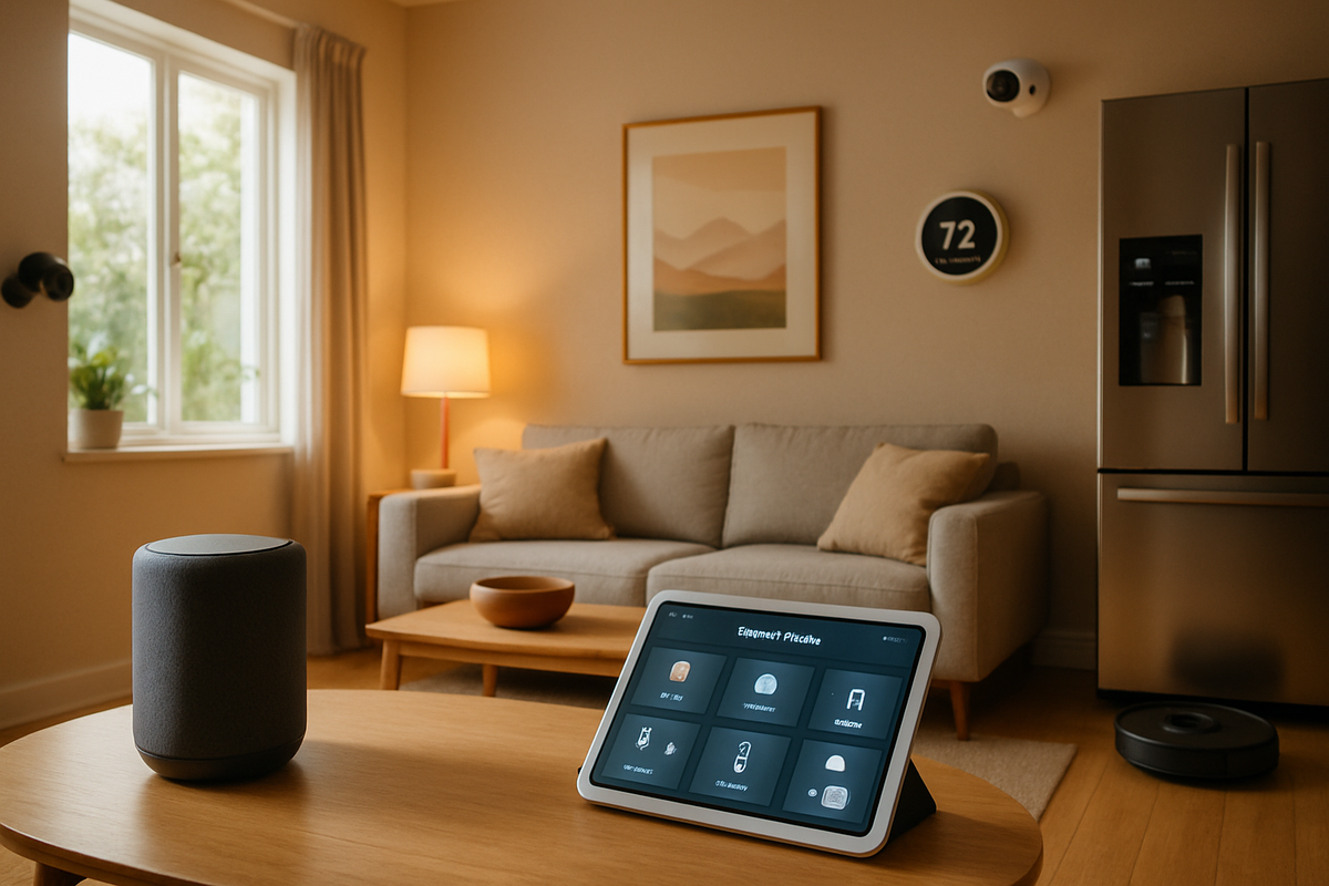 The image depicts a cozy living room with a tablet showcasing smart home controls on a wooden coffee table, complemented by a speaker and a robotic vacuum in a modern, inviting setting.