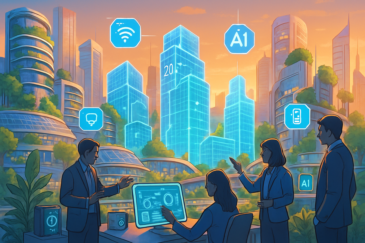 A futuristic urban scene features professionals discussing technology and data insights in a vibrant, eco-friendly city.