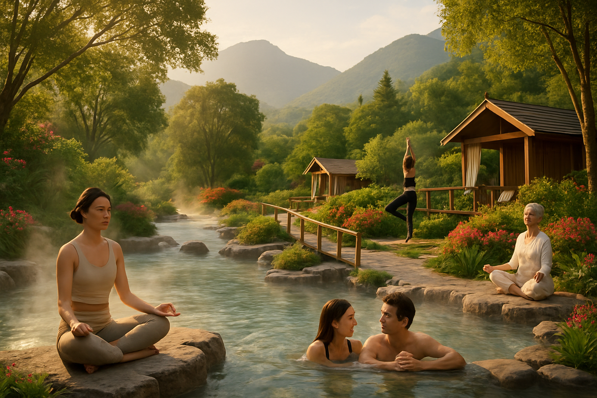 The image depicts a serene, nature-inspired setting with people practicing meditation, yoga, and enjoying a hot spring, surrounded by lush greenery and mountains.