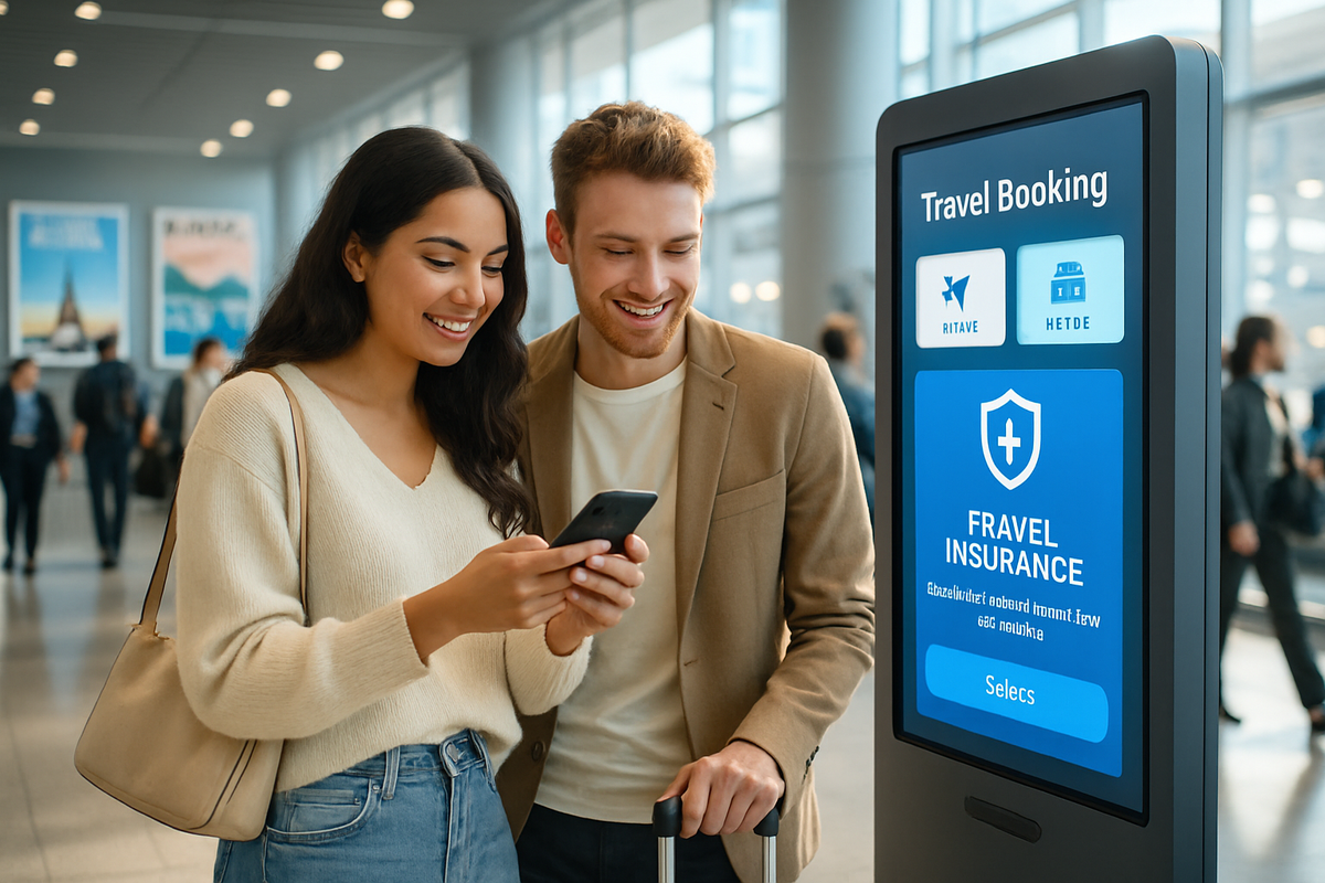 A young couple smiles as they look at a smartphone near a digital travel booking kiosk in an airport setting.