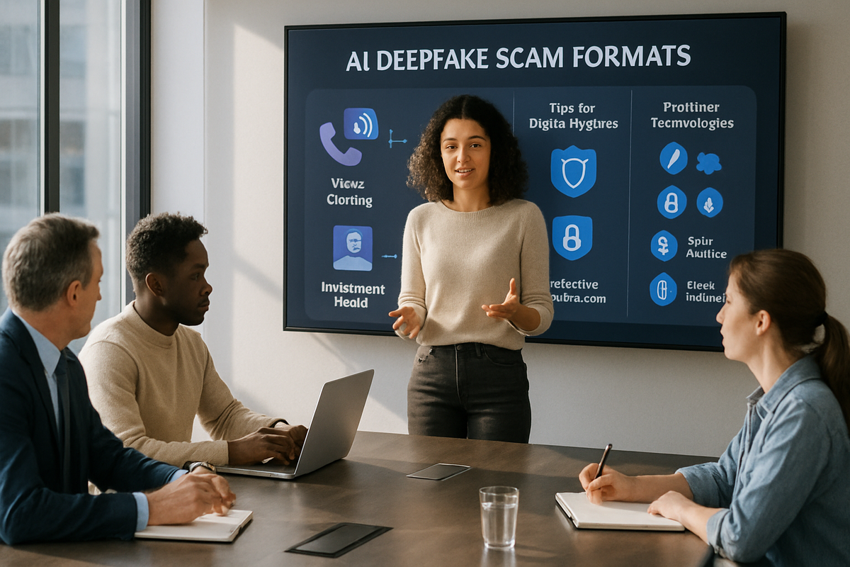 A woman presents information on AI deepfake scams to a group of three people in a conference room, with a large screen displaying related content.