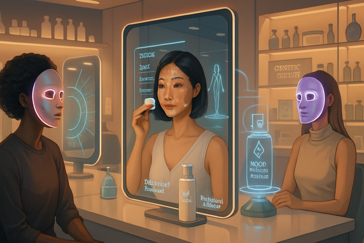 The image depicts two individuals in a futuristic setting, one applying skincare in front of a high-tech mirror while the other wears a glowing facial mask.