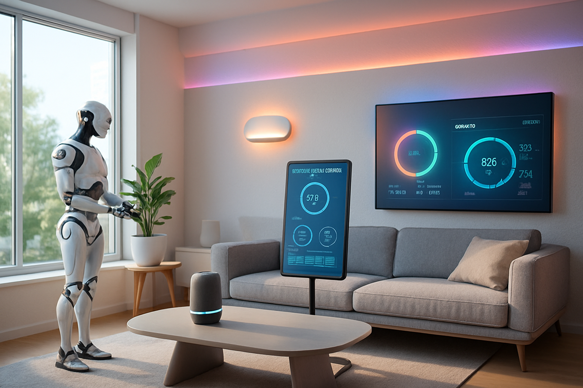 The image depicts a futuristic living room with a humanoid robot, digital displays, a smart speaker, and a plant, all creating a modern, high-tech atmosphere.
