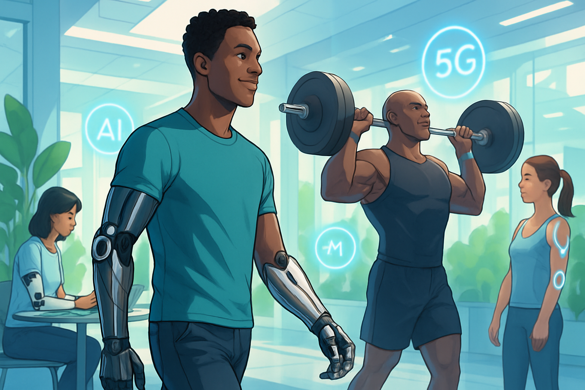 The image features a diverse group of individuals in a modern fitness facility, with one person using a robotic arm and others engaging in physical activities.