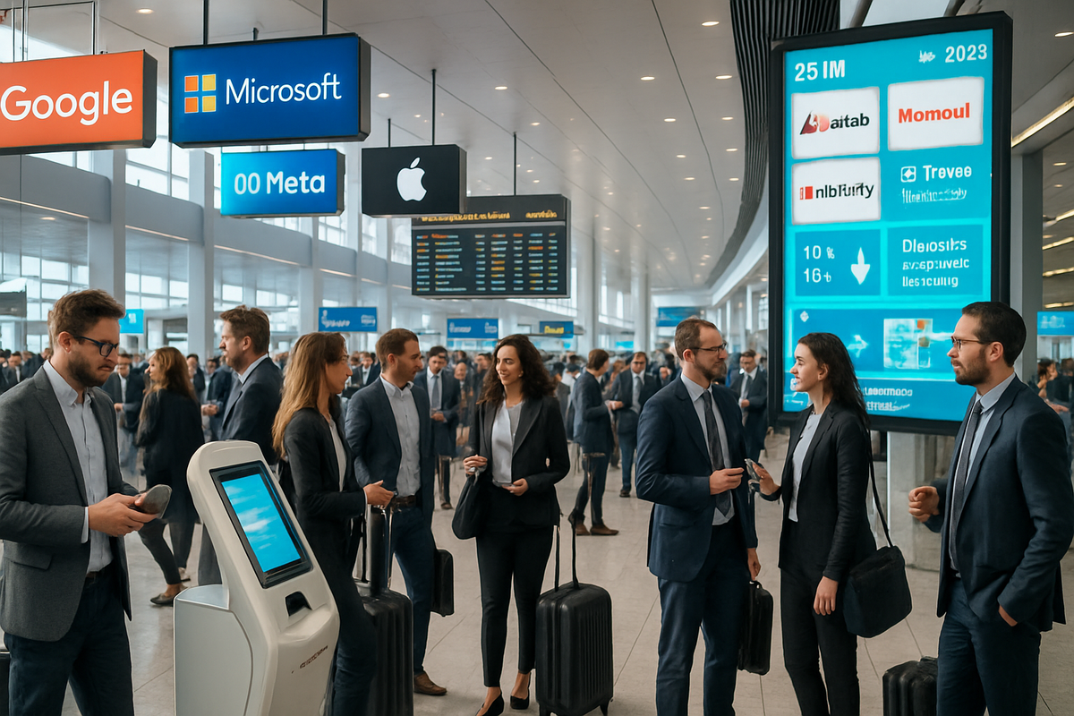 A busy airport terminal scene featuring business professionals in suits near digital signage for major tech companies.