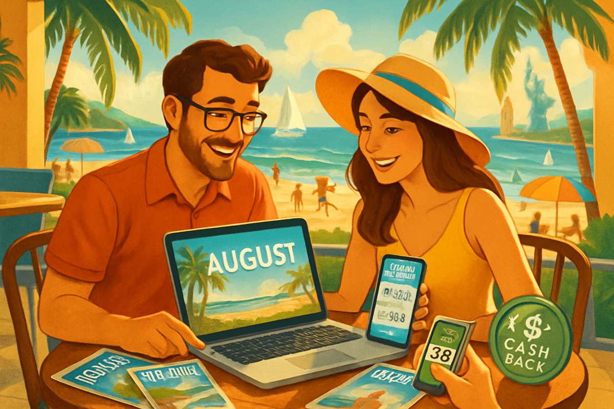 A cheerful couple sits at a beachside table, engaging with a laptop and smartphones while enjoying a picturesque seaside view.