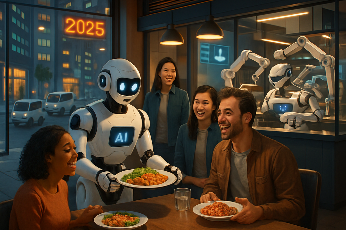 The image depicts a futuristic restaurant with a robot serving food to happy diners, highlighting a blend of technology and dining in 2025.