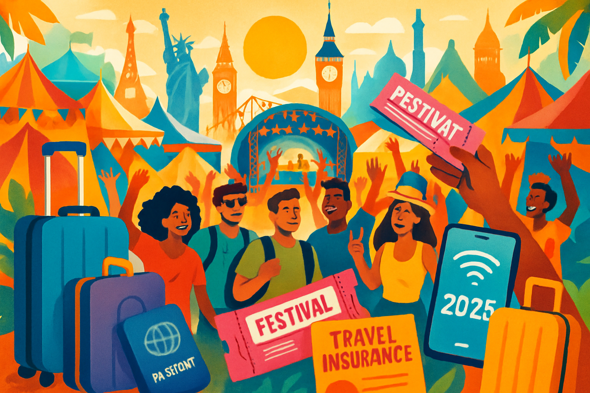 The image depicts a vibrant festival scene with cheerful people, luggage, travel tickets, and various iconic landmarks in a colorful, animated style.