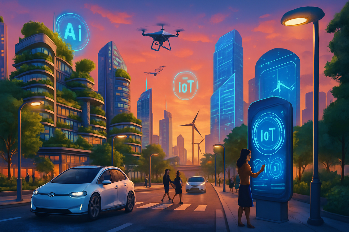 The image depicts a futuristic cityscape with sleek buildings, electric cars, drones, and illuminated signs representing AI and IoT technologies at sunset.