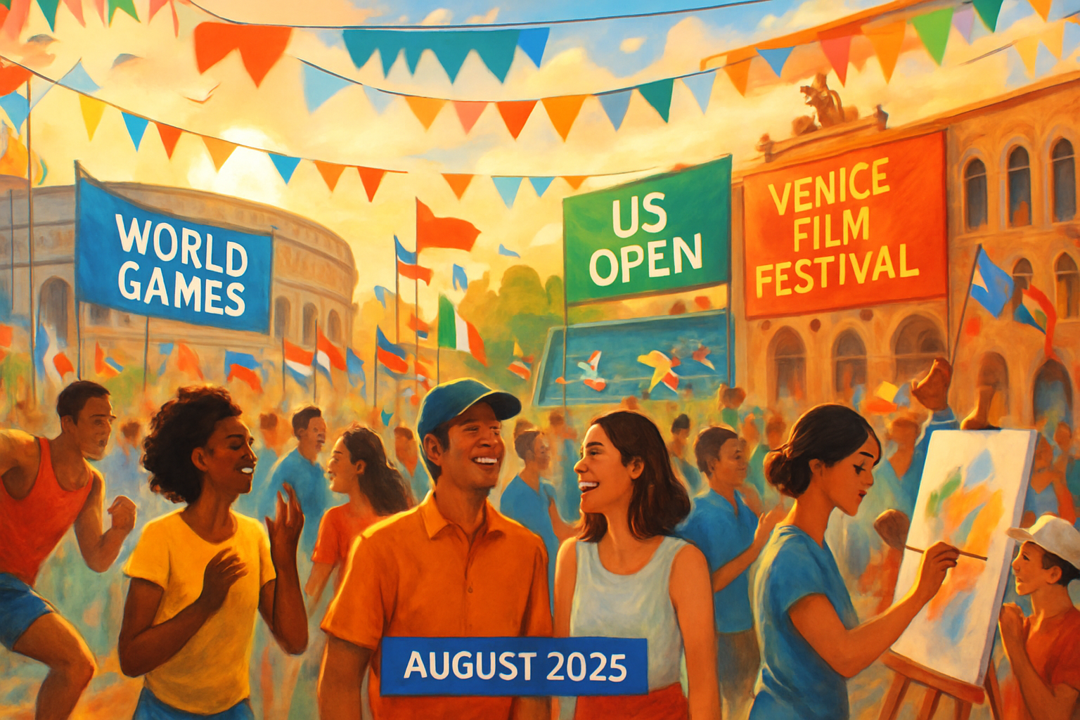The image depicts a vibrant festival scene in August 2025 featuring people celebrating with banners for the World Games, US Open, and Venice Film Festival amidst a lively crowd.