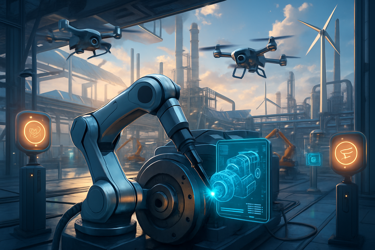 The image depicts a futuristic industrial setting with a robotic arm interacting with a holographic interface, drones flying overhead, and various machines and structures in the background.