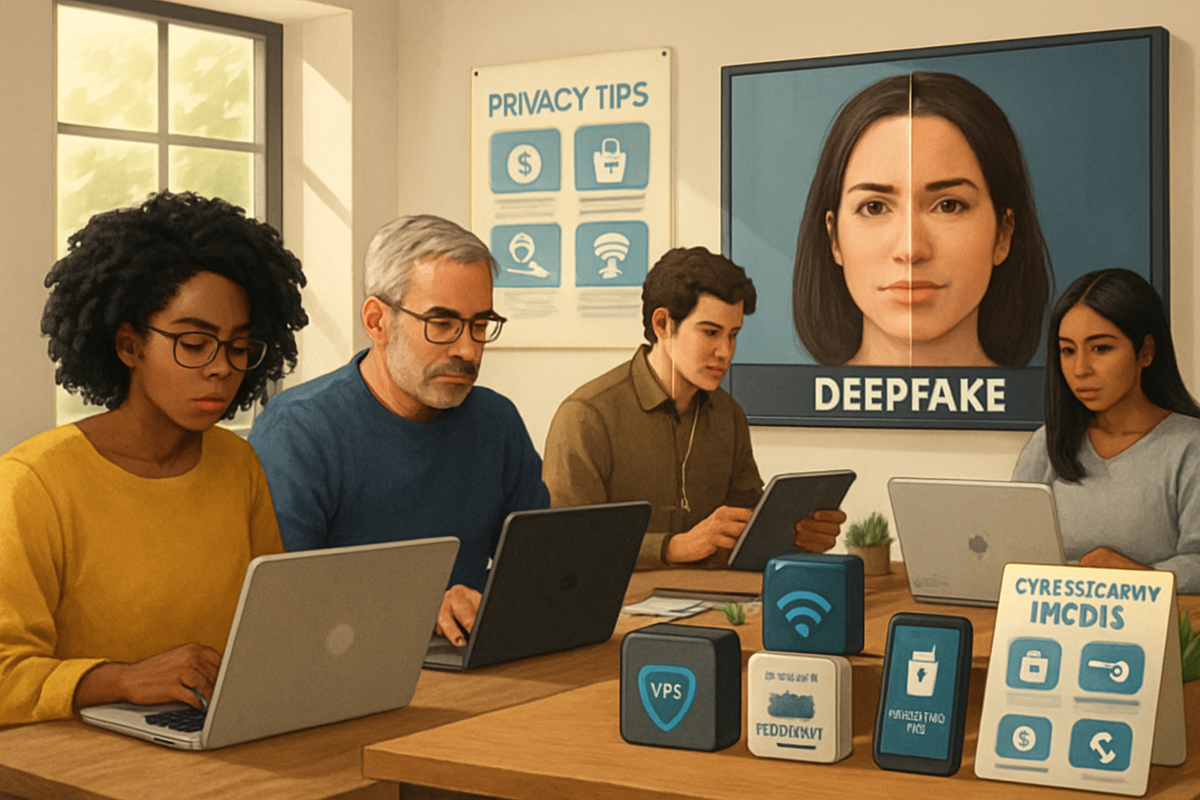 A diverse group of people sits at a table working on laptops, focused on a screen displaying a woman's deepfake image, with privacy tips and digital security tools in the background.