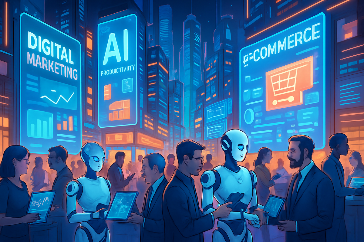 The image depicts a futuristic city scene with robots and humans interacting, surrounded by glowing screens showcasing digital marketing, AI, and e-commerce themes.