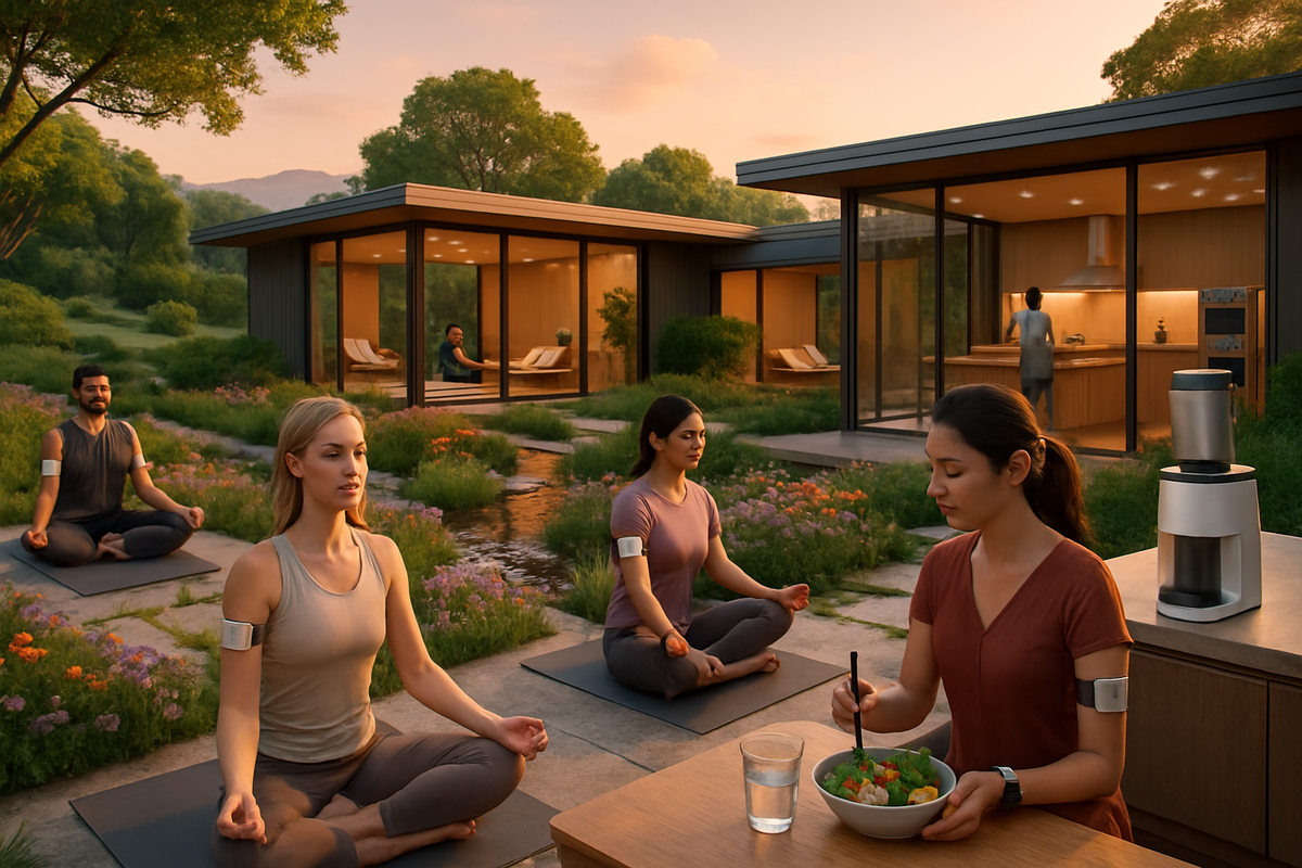 The image depicts a serene outdoor setting with four people meditating on mats in front of modern glass-fronted buildings, while one person enjoys a salad at a table nearby.