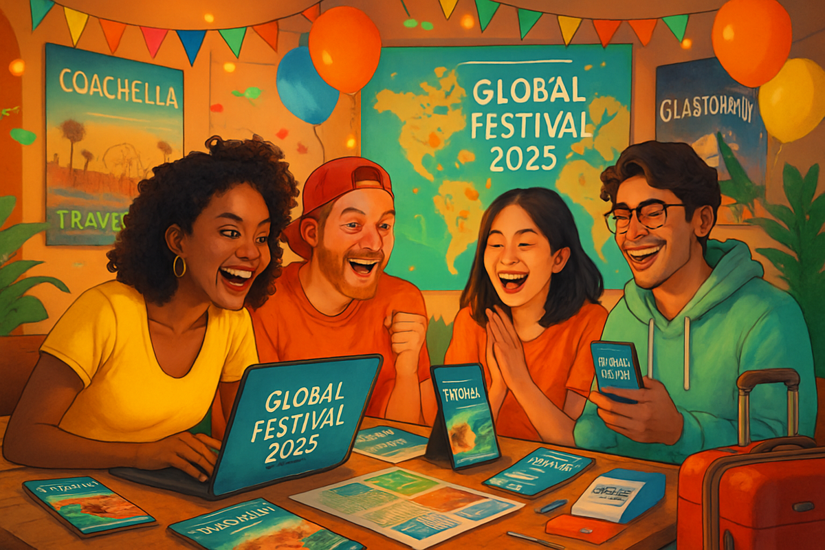 A group of four enthusiastic friends are enjoying planning for the "Global Festival 2025" while surrounded by colorful decorations and promotional materials.