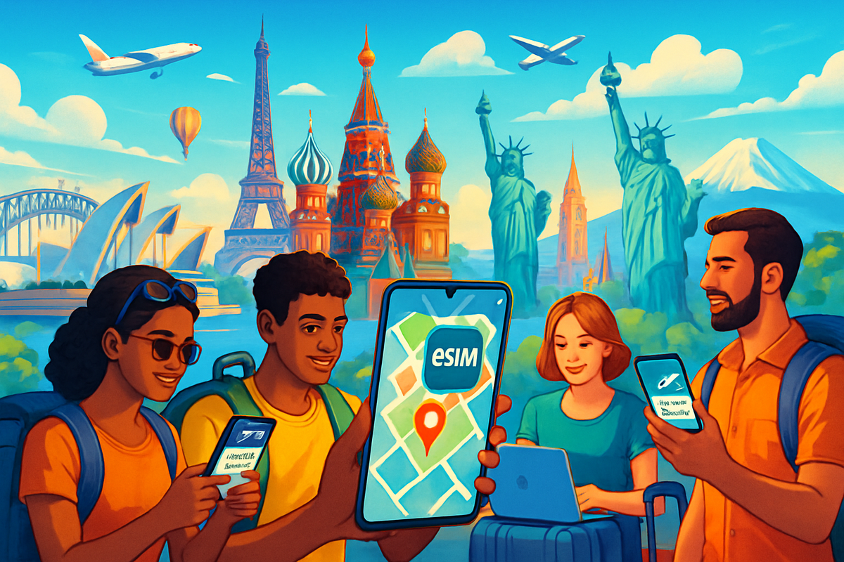 The image shows a diverse group of travelers using smartphones and a laptop in front of global landmarks, highlighting eSIM technology for travel connectivity.
