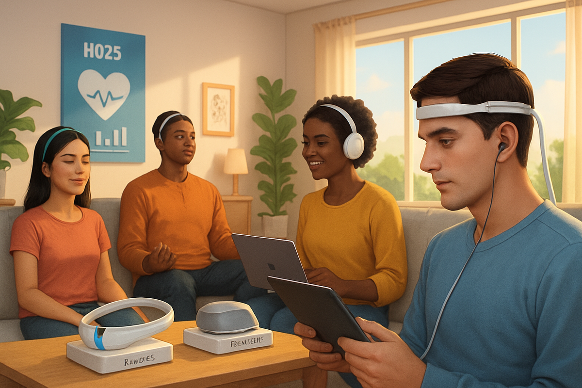 A group of four people are seated in a cozy room, engaging with technology while some meditate, with various devices placed on a table in front of them.