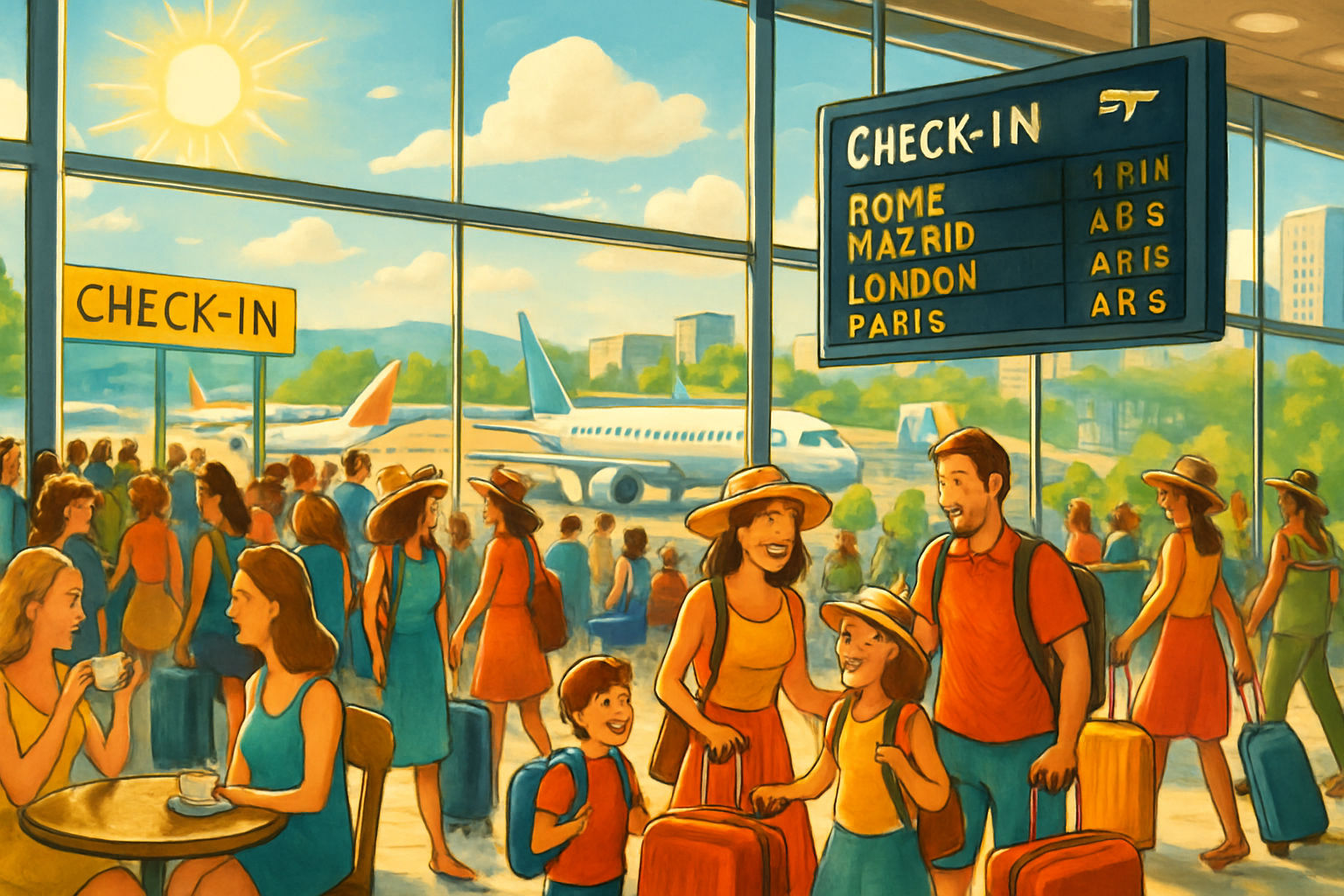 A lively airport scene with colorful travelers at a check-in area, displaying signs for various destinations.
